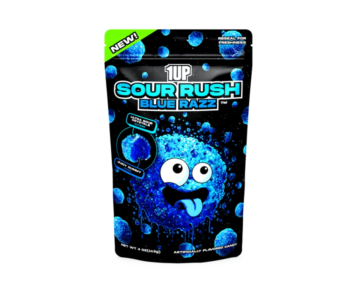 1UP Sour Rush Blue Raspberry Juicy Gummy Candy 4 oz. Peg Bags - 6