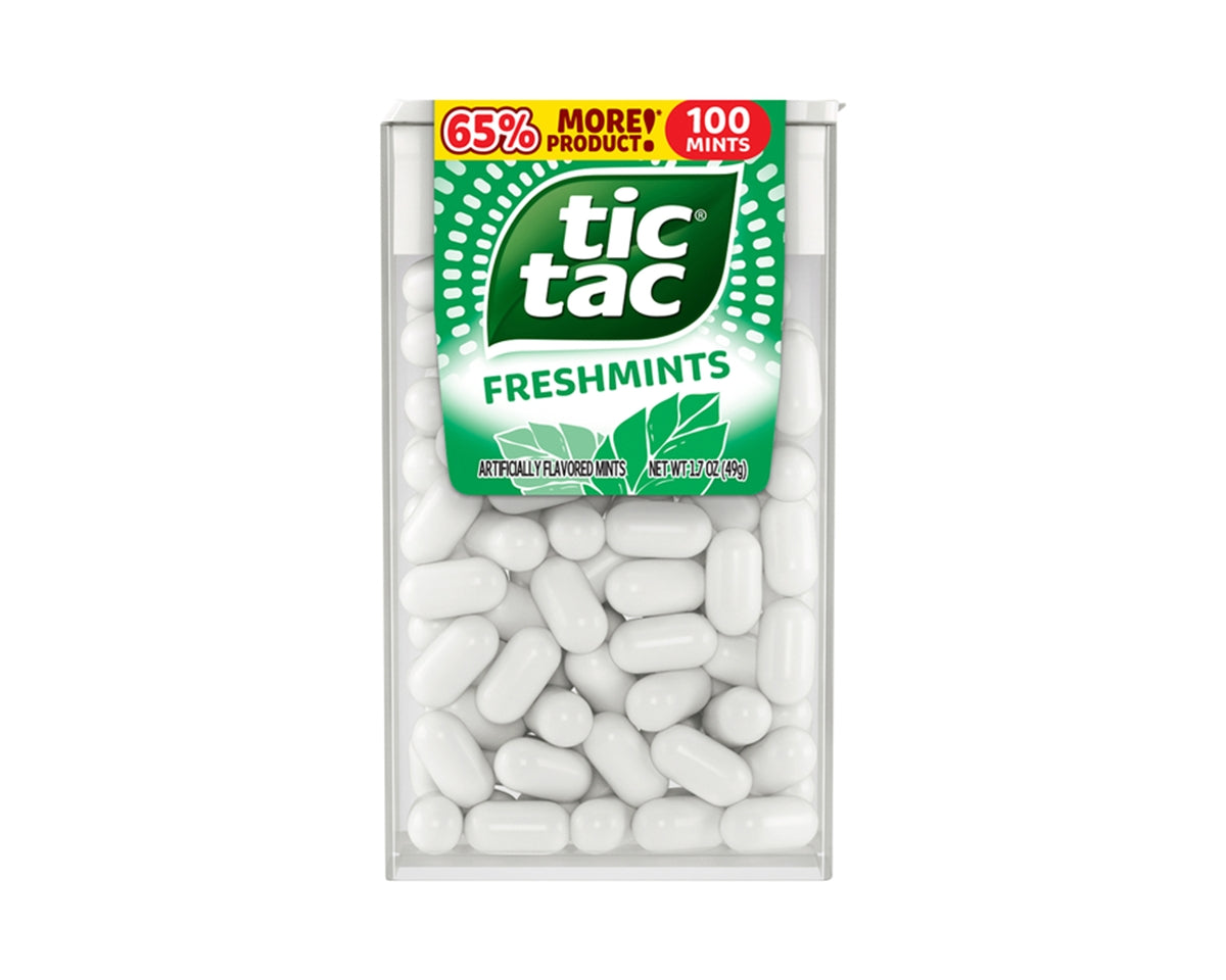Tic Tac Freshmints packaging with mints visible on a white background