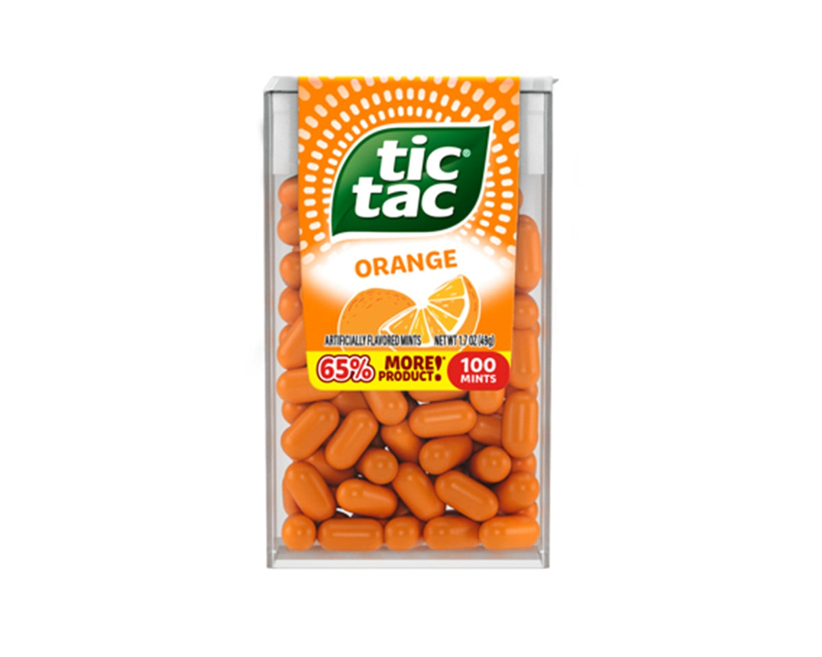 Pack of Tic Tac orange mints on a white background