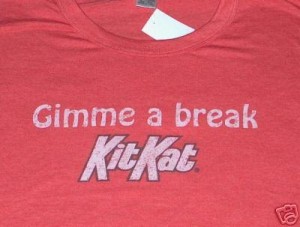 A vintage t-shirt with the Kit Kat logo  circa 1980