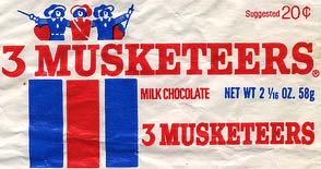 A 3 Musketeers Wrapper from the 1970's when candy bars were still $.20