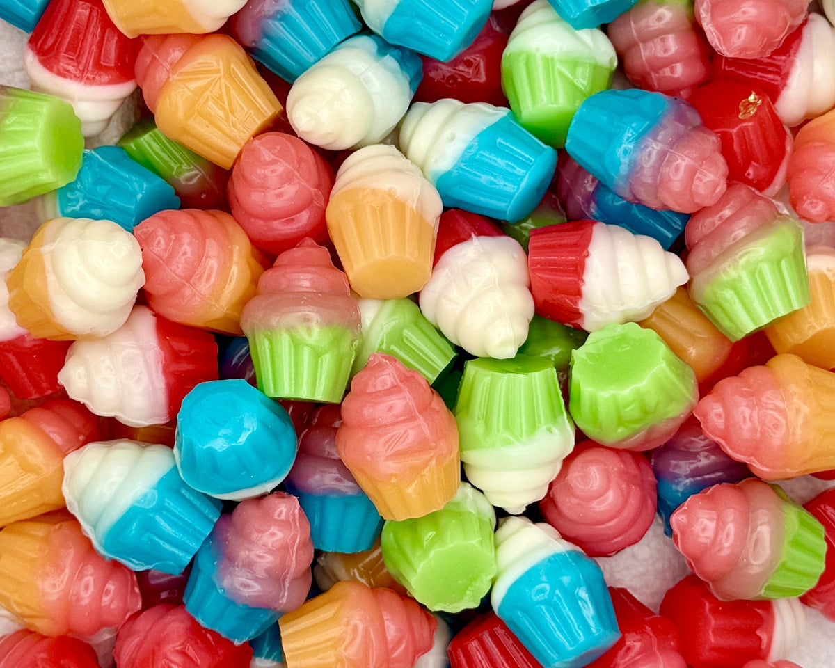 Assorted colorful gummy cupcakes
