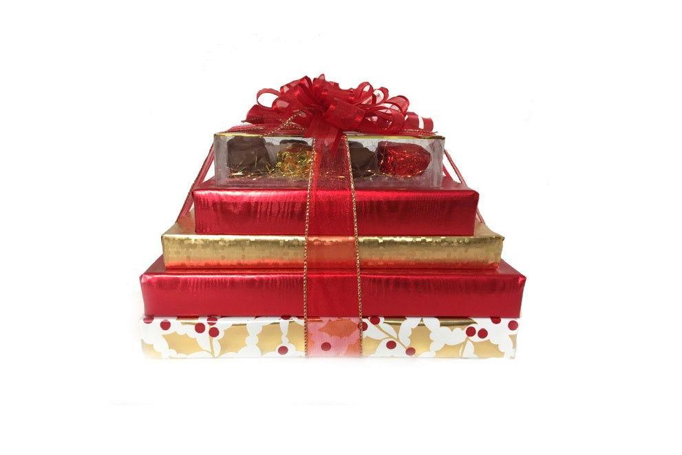 5 Tier Red & Gold Deluxe Holiday Chocolate Pyramid - CandyFavorites