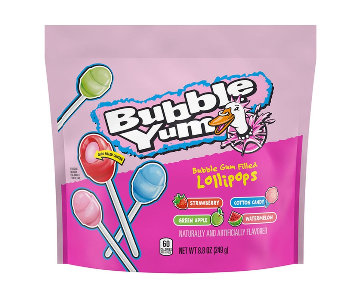 Pink packaging of Bubble Yum bubble gum filled lollipops with colorful illustrations on a white background.