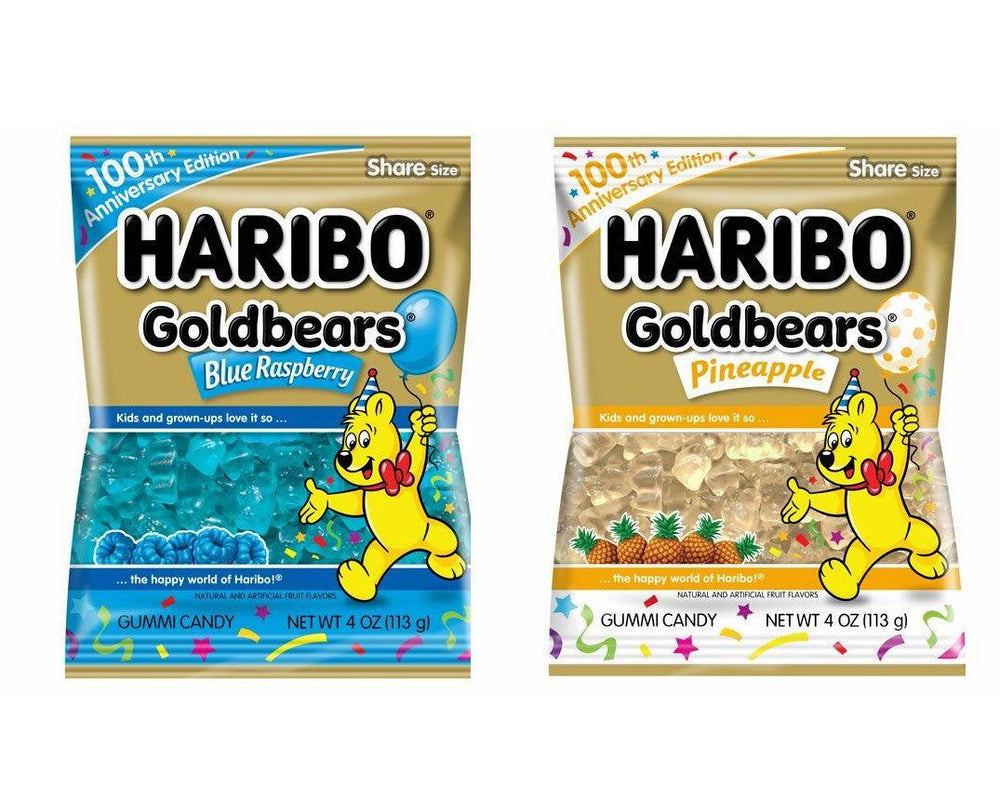 Haribo Blue Raspberry and Pineapple 100th Anniversary Gummi Bear 4 oz. Bags - CandyFavorites
