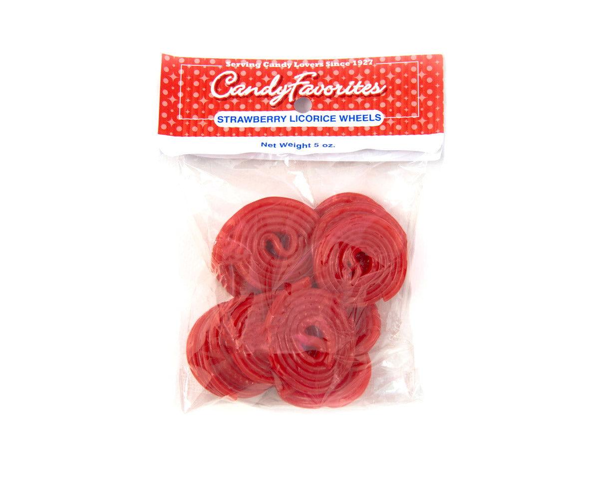 Strawberry Licorice Wheels 5 oz. Peg Bags - CandyFavorites