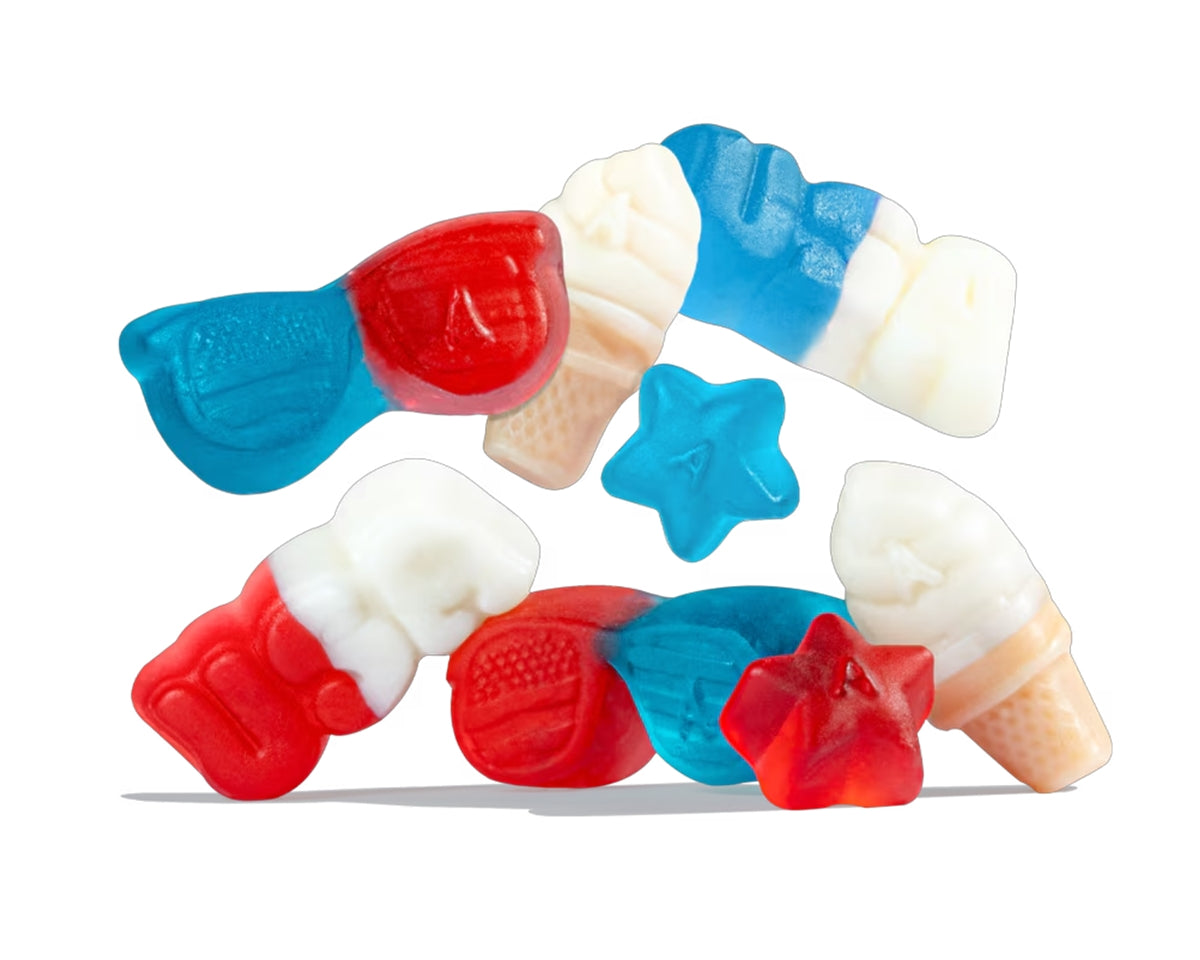 Colorful gummy candies shaped like sunglasses, stars, and ice cream cones on a white background