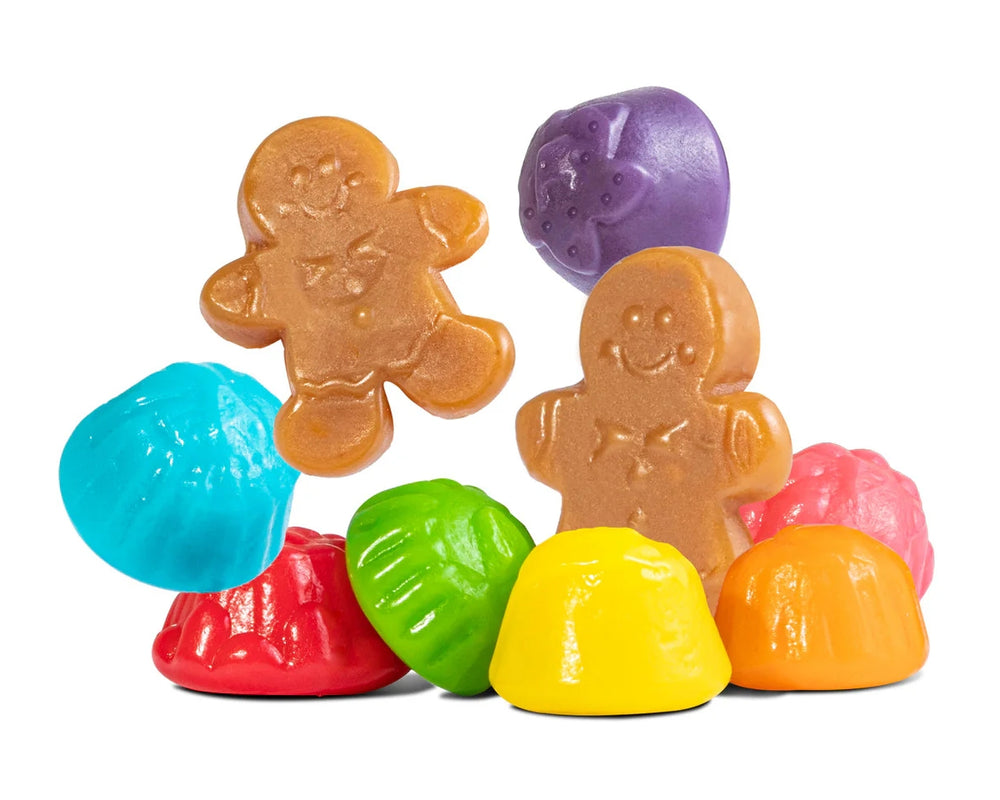 
                      
                        Colorful gingerbread-shaped candies on a white background
                      
                    