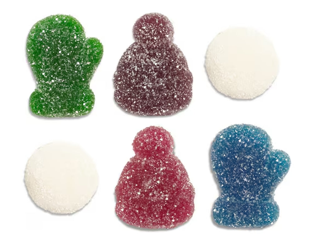 
                      
                        Colorful gummy candies shaped like mittens and hats on a white background
                      
                    