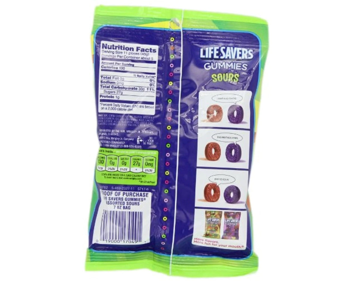 Life Savers Gummies Sours candy package with nutrition facts and flavor information on a white background