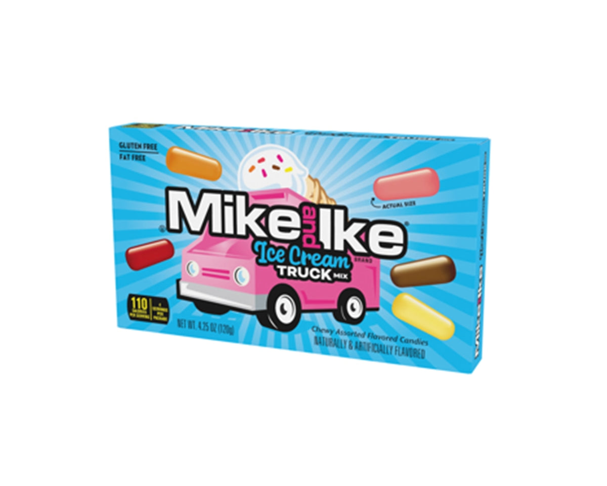 Box of Mike and Ike Ice Cream Truck candy with a pink truck and ice cream cone design on a blue background.