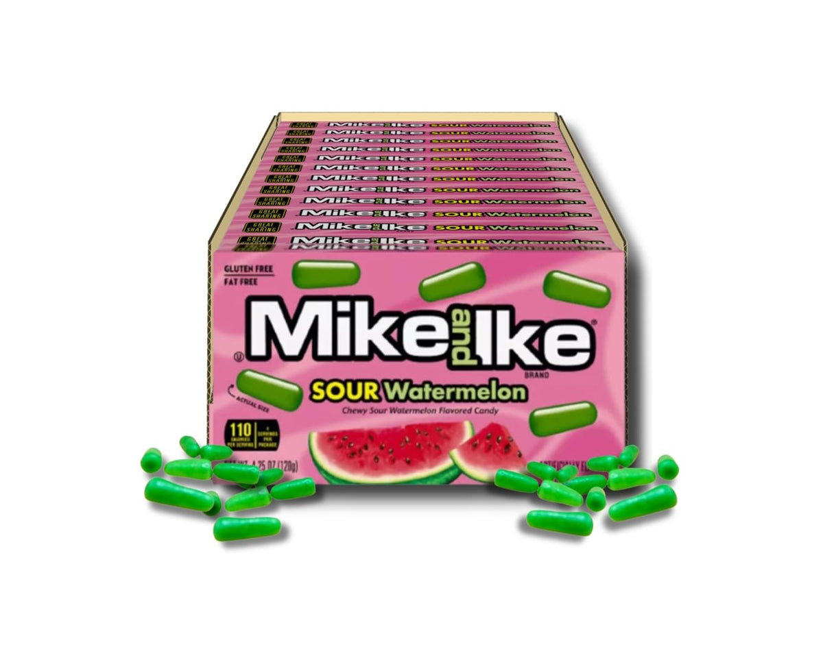 Box of Mike and Ike Sour Watermelon candy with green gummy candies on a white background