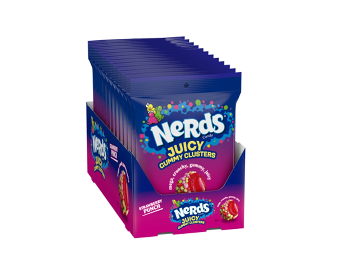 Display of Nerds Juicy Gummy Clusters packaging on a white background