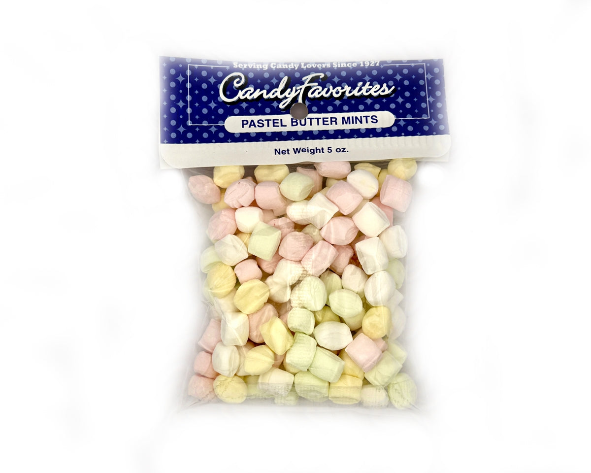 Bag of pastel butter mints with 'Candy Favorites' packaging on a white background