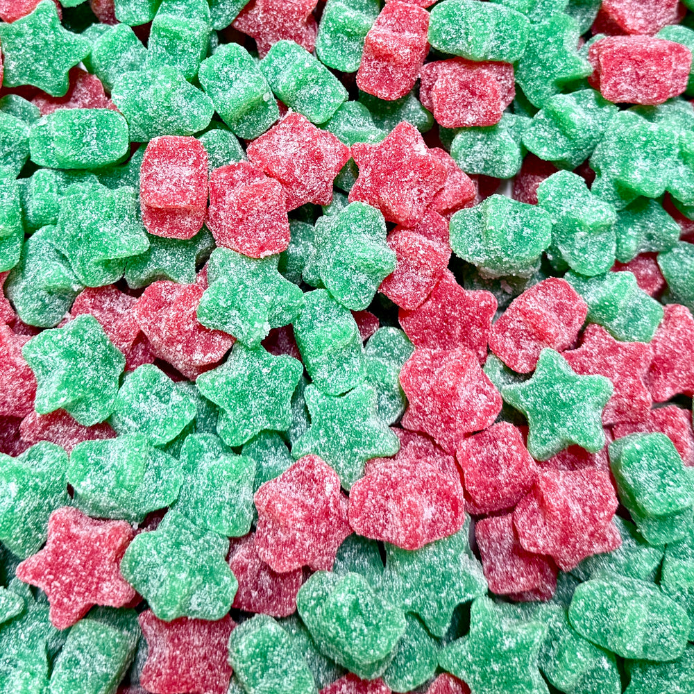 Mix of red and green star-shaped candies.