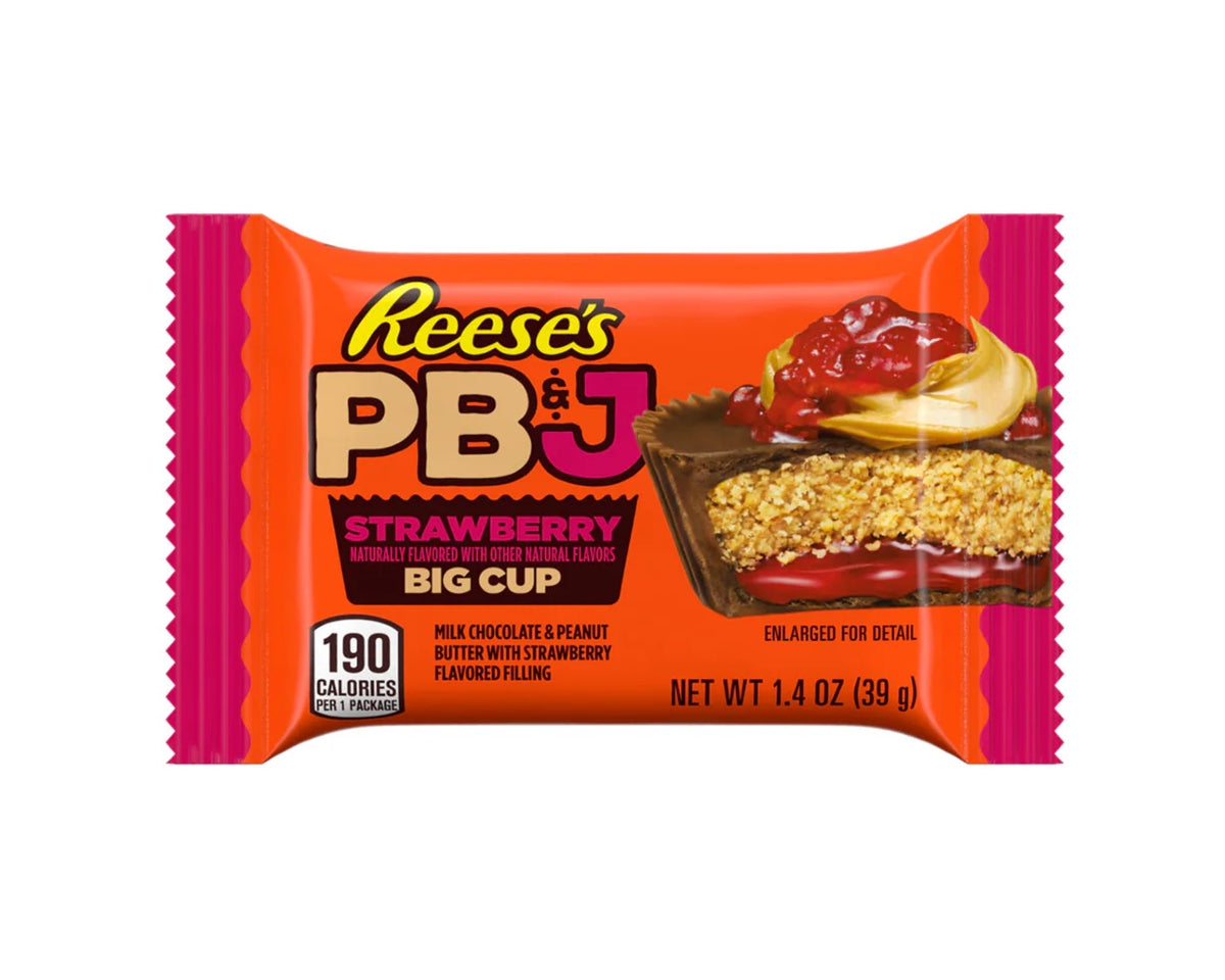 Reese's PB&J Strawberry Big Cup chocolate bar packaging on a white background
