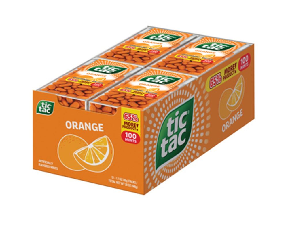 Box of Tic Tac Orange mints on a white background