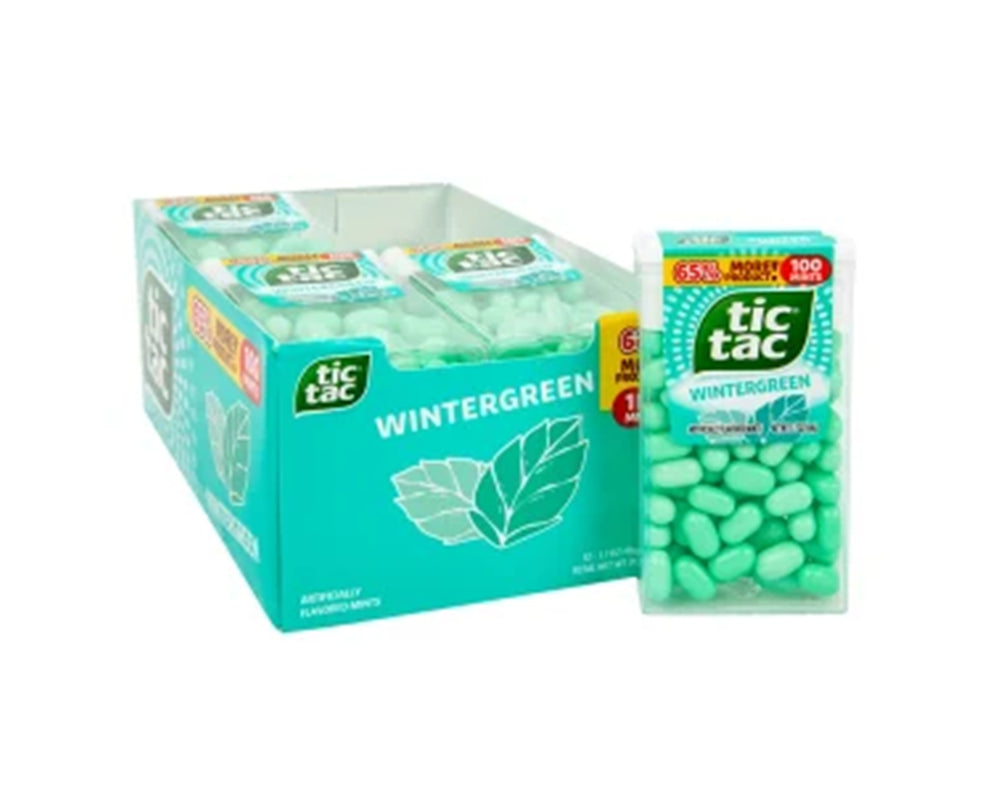 Box and single packet of Tic Tac Wintergreen mints on a white background