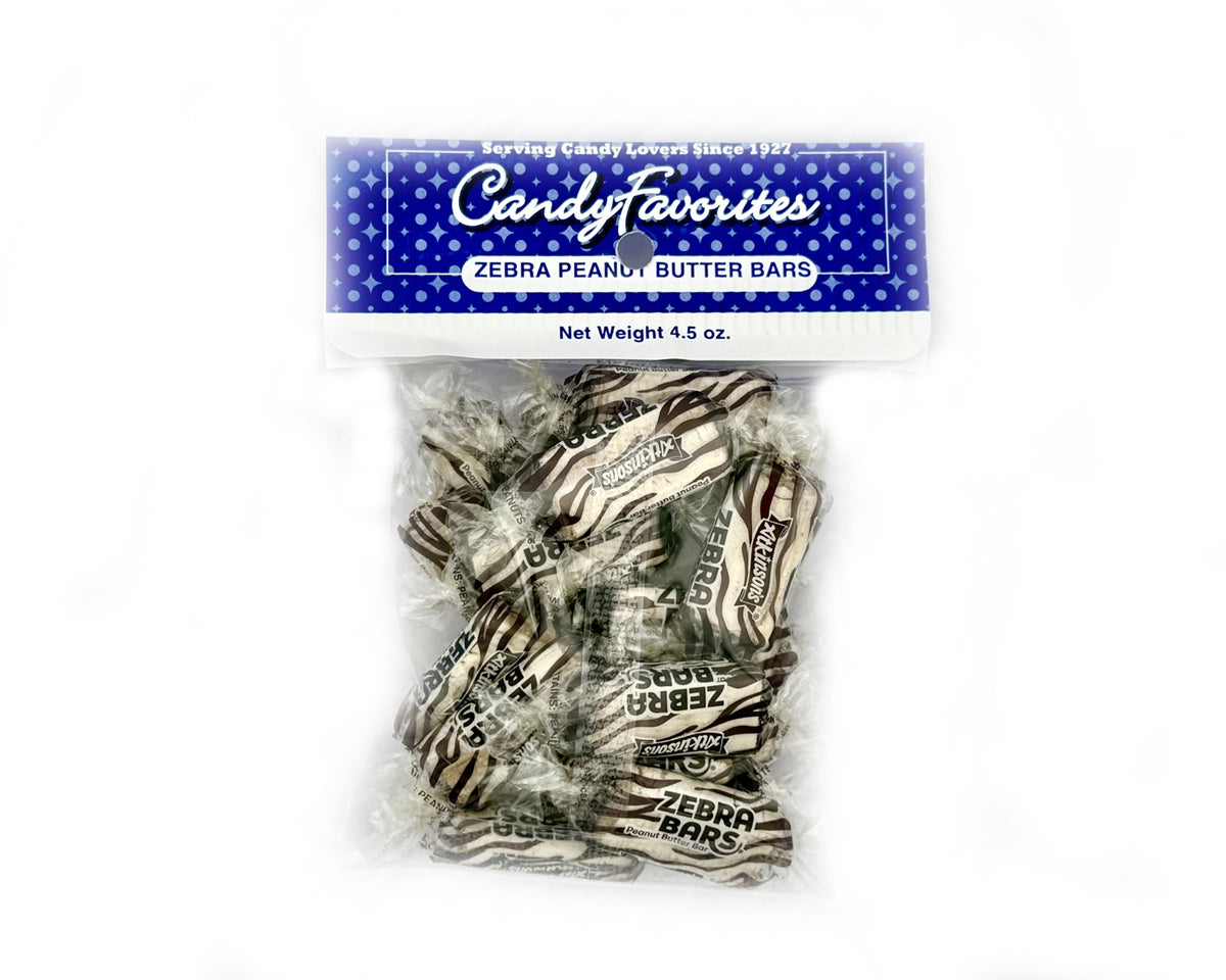 Packaged Zebra Peanut Butter Bars with 'Candy Favorites' label on a white background