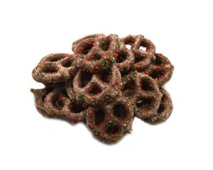 Chocolate Covered Christmas Pretzels are covered with red & green Nonpareils and adorned with red and green sprinkles! 