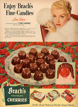 Brachs Candy Advertisement The Brach's Villa Cherries, a holiday favorite, were discontinued in 2003 Circa 1953